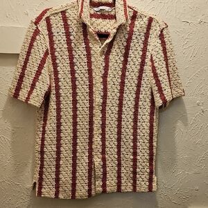 Zara Men's Casual Red and Cream Striped Shirt